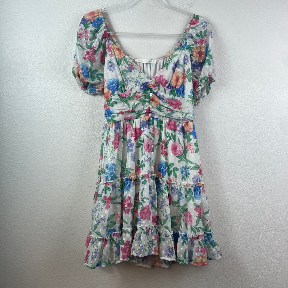 Altar'd State Floral Swiss Dot Puff Sleeve Tiered Mini Dress White Multi Medium
